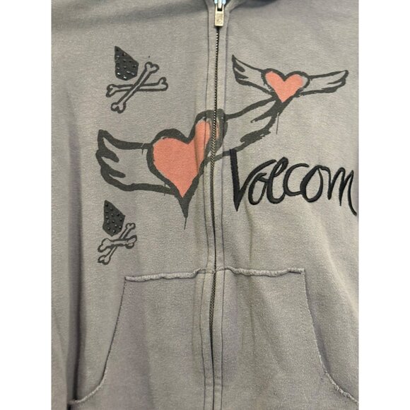 Volcom Womens Fleece Lined Hoodie Size L Gray Pink Winged Heart Print Zip Up - Picture 3 of 8